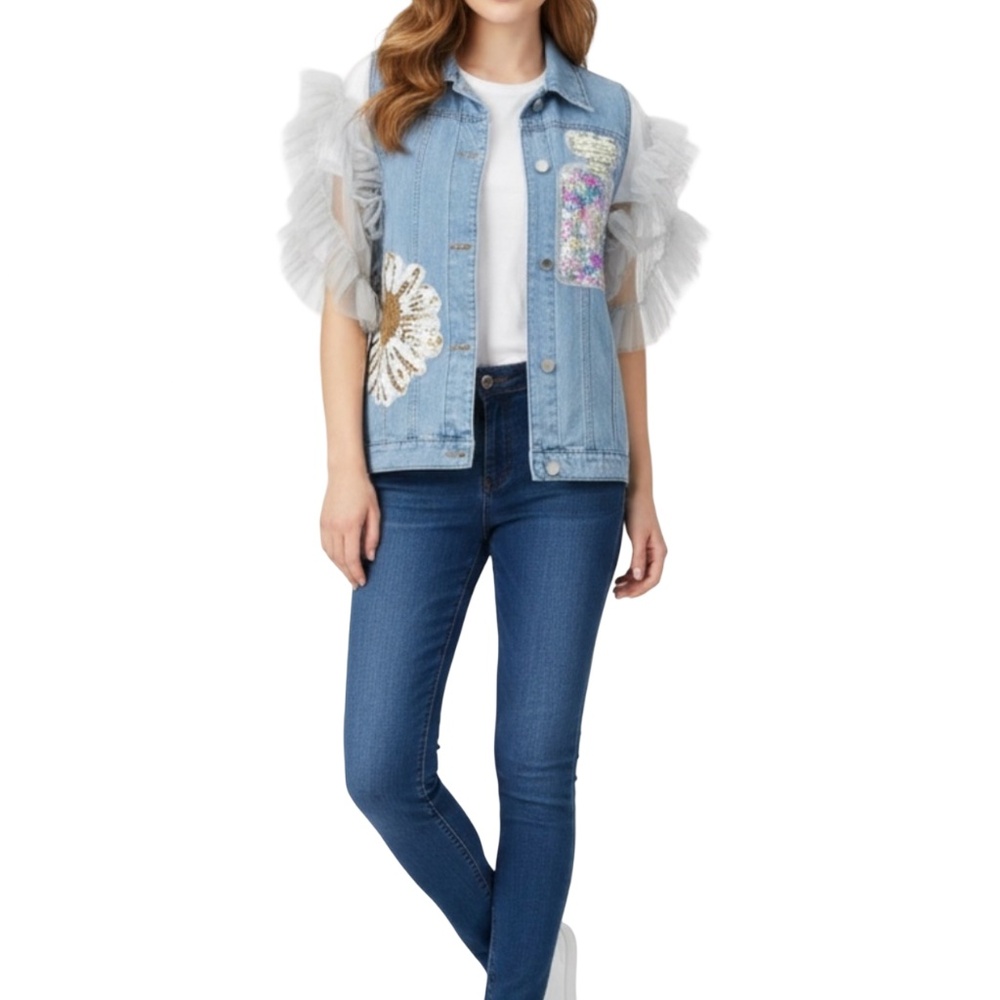 #A129  N By Nancy  Denim Vest  cottagecore  Ruffled Organza Sleeves  NWT  L - Picture 13 of 13